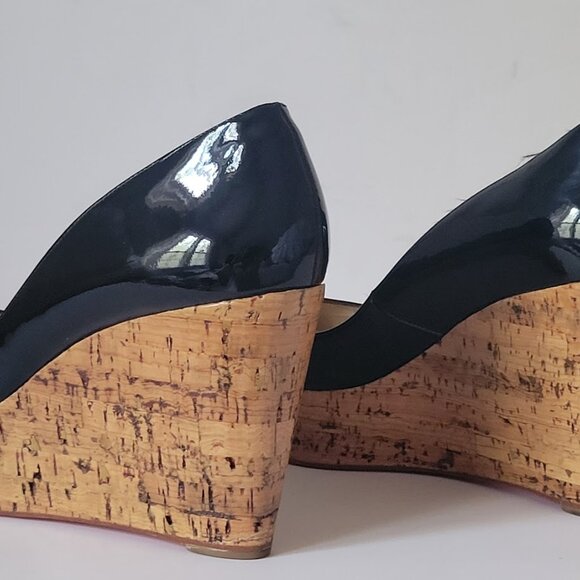 Christian Louboutin Black Patent Leather Peep Toe Cork Sole Platform Wedges - Picture 6 of 14